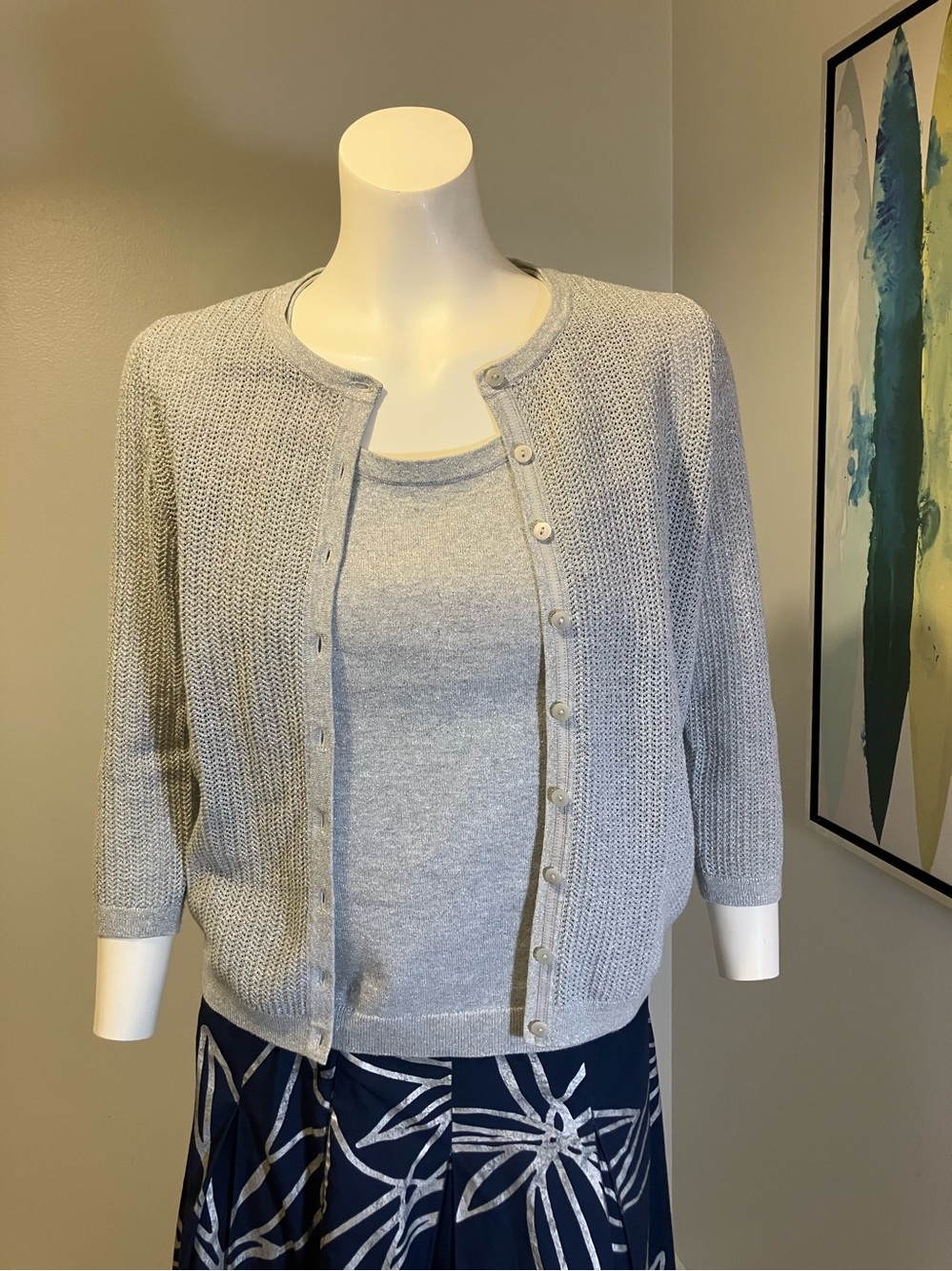 Talbots Petites Silver Shimmer Knit Cardigan Tank Set Medium Petite